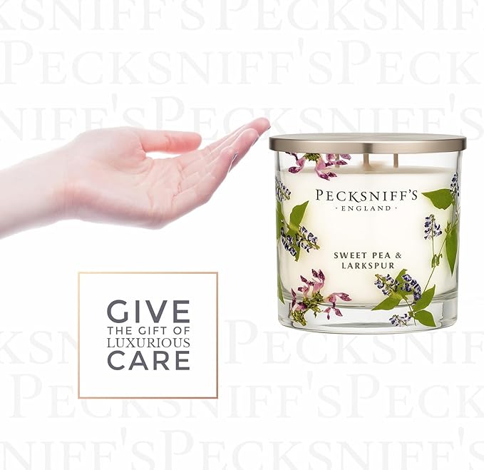 Pecksniff’s 3 Wick Candle – Sweet Pea & Lark Spur, 550 g / 19.4 oz – Long Lasting Burn, Elegant Home Decor & Relaxing Ambiance