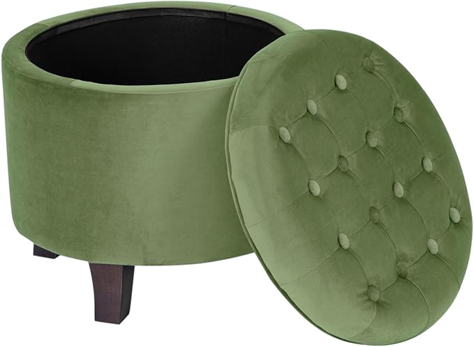 Homepop Home Decor | Upholstered Round Velvet Tufted Foot Rest Ottoman | Ottoman with Storage for Living Room & Bedroom | Decorative Home Furniture, Green