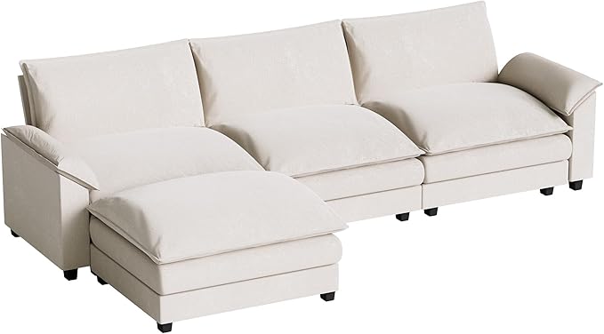 Homall Modular Sectional Sofa, Loveseat Sofa Couch with Reversible Ottoman, DIY Combination Chenille Deep Seat Cloud Couch for Living Room, Apartment (White, L Shaped Sofa)