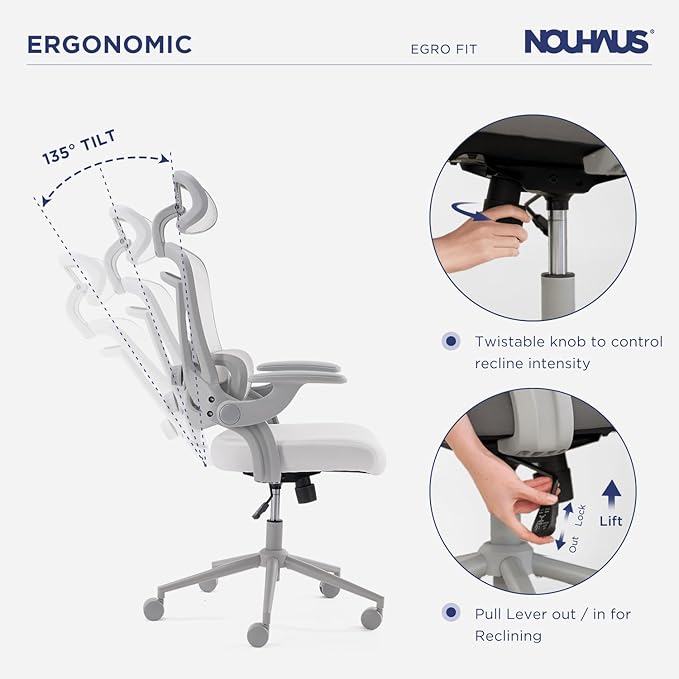 Nouhaus Ergo Fit Ergonomic Mesh Office Chair High Back Adjustable Lumbar Support Headrest and Adjustable Flip-up Armrests, Comfy Desk Chairs Swivel Computer Gaming Chair Tilt Function(N20, White)
