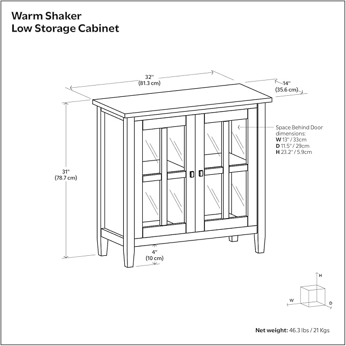 SIMPLIHOME Warm Shaker SOLID WOOD 32 inch Wide Transitional Low Storage Cabinet in Light Golden Brown for the Living Room, Entryway and Family Room