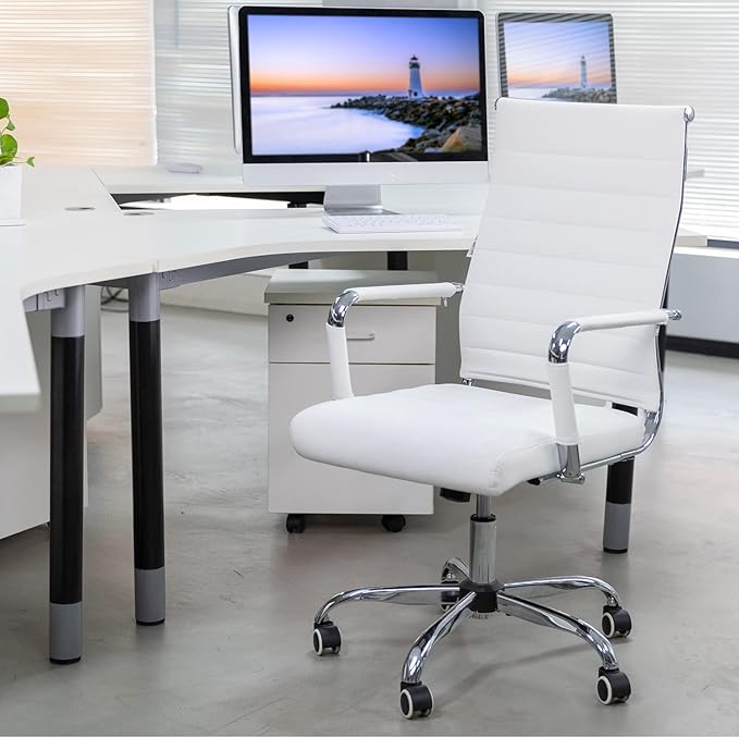 Home Office Chair Ribbed, Modern Leather Conference Room Chairs, Ergonomic Office Desk Chair, High Back Executive Computer Chair, Adjustable Swivel Chair with Arms (White)