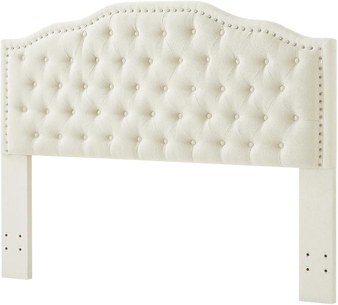 24KF Upholstered Button Tufted Queen Headboard with Nailhead Trim, Elegant Boucle Fabric Full headboard, 6031-Q-Boucle-Ivory