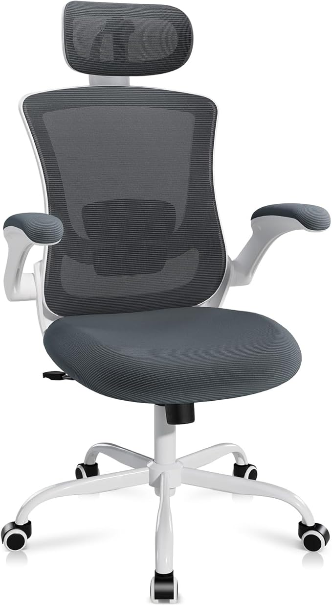 Ergonomic Office Chair with Adjustable Lumbar Support & Headrest, High Back Mesh Desk Chair with Flip-Up Armrests, Breathable & Comfortable Computer Chair for Home, Office & Study –Grey