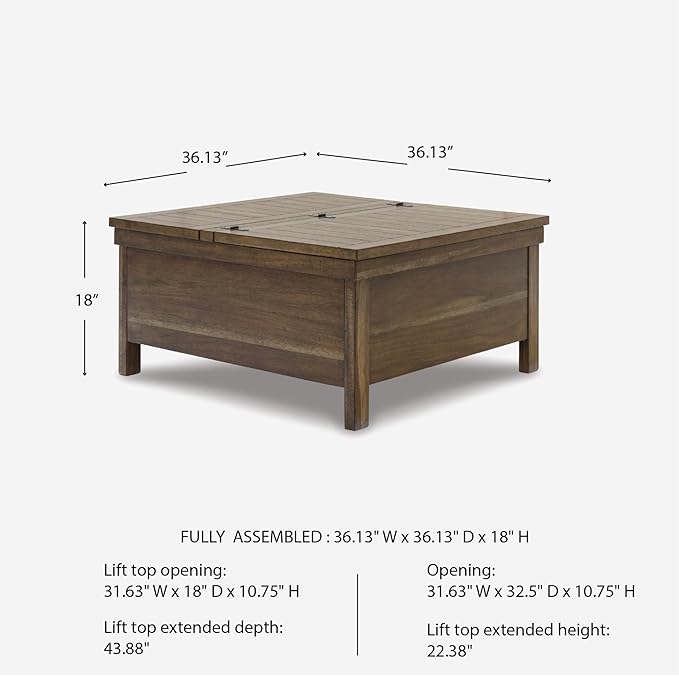 Signature Design by Ashley Moriville Rustic Hinged and Lift Top Cocktail Table with Hidden Storage, Light Brown