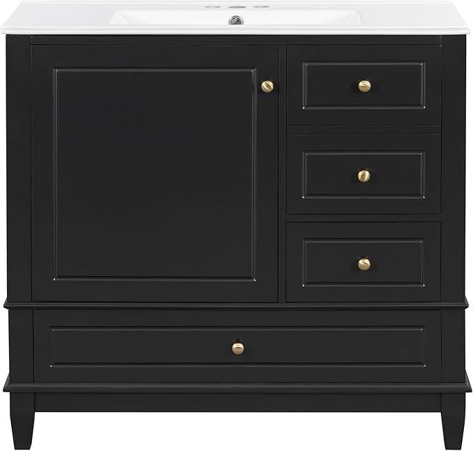 36 Inch Bathroom Vanity with Sink Set, Undermount Vanity Sink Cabinet with 3 Drawers and Door Storage, Soft Closing Door, Wood Frame, Black