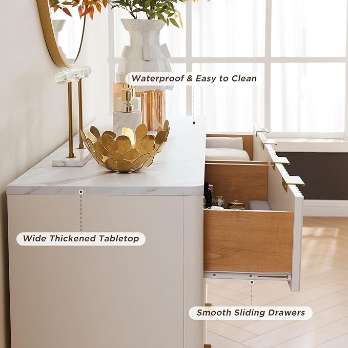 T4TREAM Fluted 6 Drawers Dresser, 54" Wide Modern Chest of Drawers with Faux Marble Top, Curved Profile Design, Dresser TV Stand, Wood Drawer Organizer for Bedroom, Living Room, Hallway, Solid White