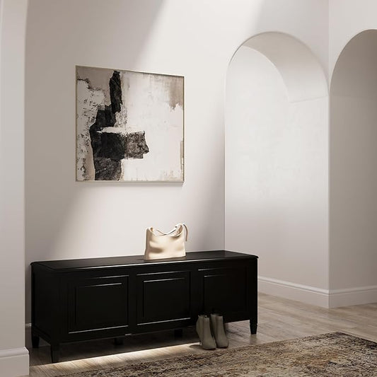 SIMPLIHOME Connaught Entryway Storage Bench - 51 inch Wide Solid Wood Storage Trunk Seat in Black, Traditional Bench for Entryway or Living Room with Lift-Up Lid and Decorative Moulding