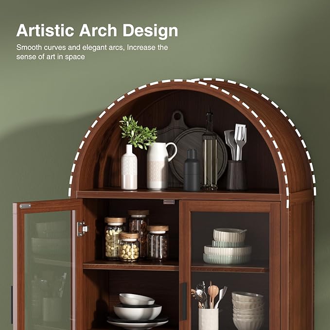 71" Tall Arched Cabinet with Glass Doors, Fluted Pantry Cabinet with Solid Wood Legs, Modern Accent Furniture for Living Room, Kitchen, Dining Room, Entryway, Walnut
