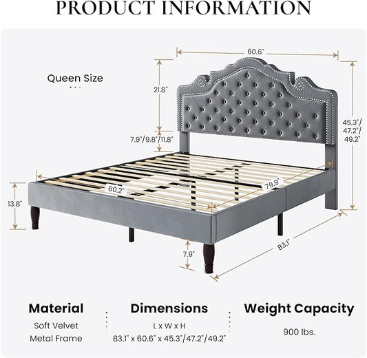SHA CERLIN Queen Bed Frame with Adjustable Headboard/Velvet Upholstered/Diamond Button Tufted and Metal Studs/No Box Spring Needed/Wooden Slat Support/Easy Assembly/Light Grey