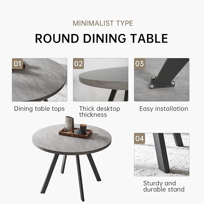 34.6'' Round Dining Table and Chairs for 4, Mid Century Modern Round Table Set, Space Saving for Apartment Kitchen Dining Room (Grey Table+4 White Chairs)