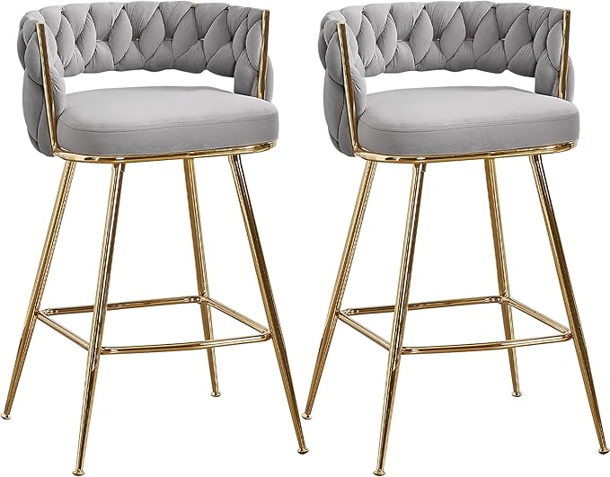 VECELO Bar Stools Set of 2, Counter Height Bar Stools, 26 inch Seat Barstools with Woven Back and Footrest for Kitchen Island Counter, Grey