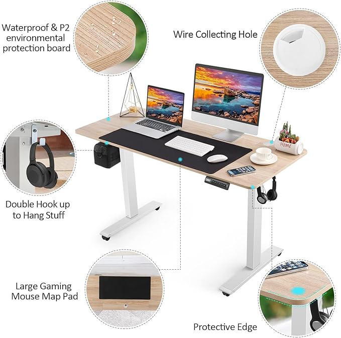 farexon Electric Standing Desk 55 x 24In with Charging Station, Adjustable Height Desk with Mouse Pad, 2 USB Ports & 3 Power Outlets, 4 Caster, 4 Preset Heights, 27''-46'' Lifting Range