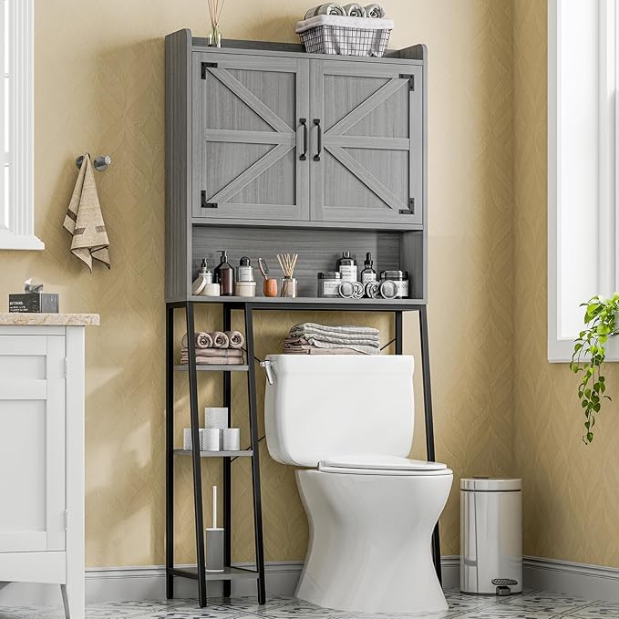 Vabches Over The Toilet Storage Cabinet, Farmhouse Storage Cabinet Over Toilet with Barn Doors & Toilet Paper Holder Stand,Home Space-Saving Toilet Rack, for Restroom/Laundry and Bathroom