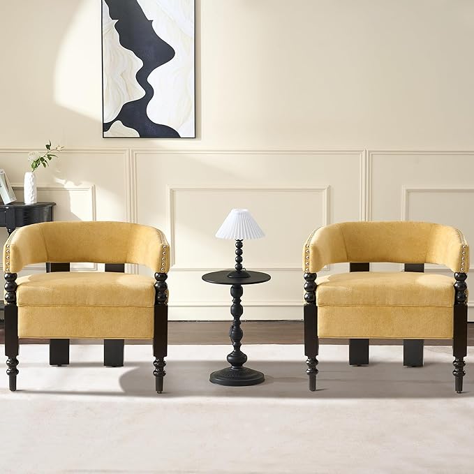 LOULENS Barrel Accent Chair, Vintage Chenille Upholstered Lounge Chair with Solid Wood Legs, Comfy Leisure Side Armchair for Living Room, Bedroom, Reading Nook, Corner, Yellow