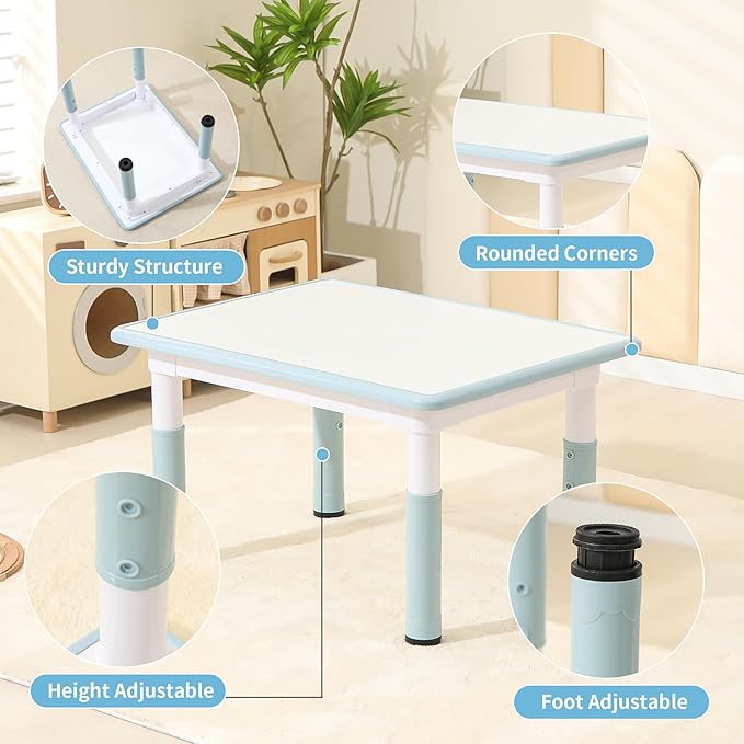 Toddler Table and 2 Chairs, Height-Adjustable Kids Table and Chairs Set, 31.5''L x 23.6''W Children Activity for Boys and Girls Aged 3-8