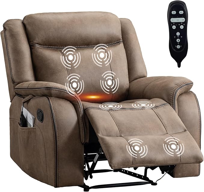 Massage Recliner Chair with Heated, Faux Leather Recliner Chairs for Adults, 39" Manual Reclining Ergonomic Lounge Chair for Living Room with Overstuffed Backrest, Side Pocket, Nut Brown