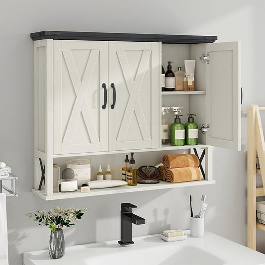 Bathroom Wall Cabinet, Farmhouse Medicine Cabinet with Adjustable Wood Shelf & 3 Doors, Over The Toilet Storage Cabinet for Wall Mounted for Bathroom Laundry Room Kitchen, White and Black