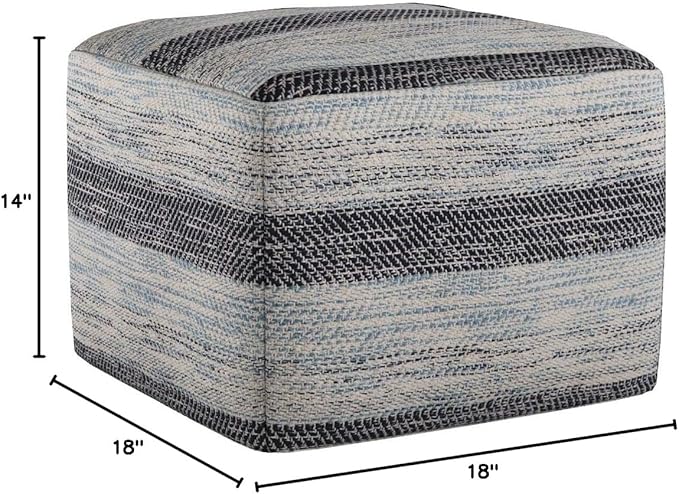 SIMPLIHOME Clay Boho Square Pouf in Patterned Blue Melange Cotton for the Living Room, Bedroom and Kids Room