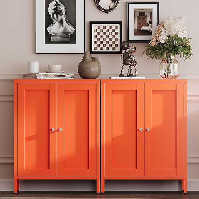 Metal Bathroom Storage Cabinet, Bathroom Floor Storage Cabinet with 2 Adjustable Shelves and 2 Doors,Freestanding Metal Sideboard for Small Spaces, Living Room, Dining Room,Orange