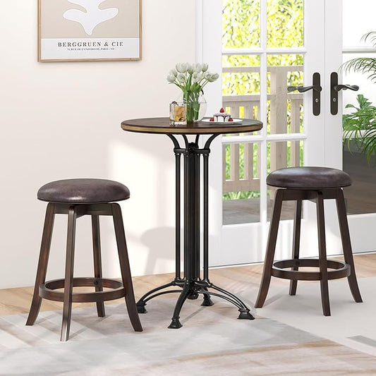 COSTWAY 24-Inch Swivel Bar Stools Set of 4, Upholstered Barstools w/PU Leather Seat & Solid Rubber Wood Legs, Mid-Century Backless Round Counter Height Stools w/Footrest for Kitchen Home Bar