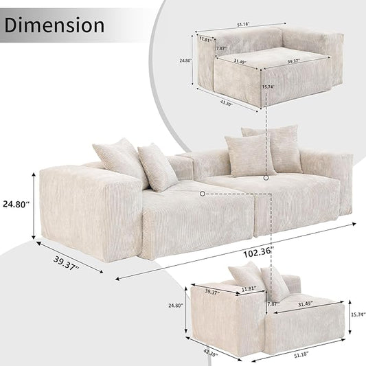 WJShome Cloud Couch Modular Sectional Sofa,102inch Corduroy Couch 2 Seater LoveSofa,Beige Convertible Sectional Sofa for Living Room, Cushion Covers Removable& Washable