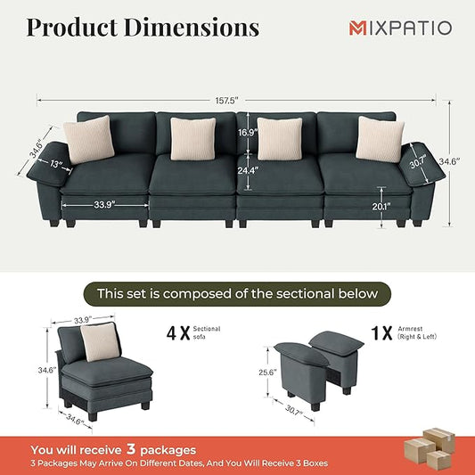 157.5" Cloud Modular Sectional Sofa, 4-Seater w/Deep Seat & Removable Arms, Plush Chenille for Living Room - Cyan