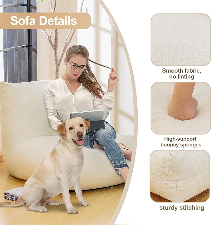 Bean Bag Chairs for Adults, Memory Foam Bean Bag Chair, Ergonomic Support Reading Floor Sofa Chair with Filler, Comfy Cozy Beanbag Couch for Bedroom Living Room (Beige Upgrade Sponge)