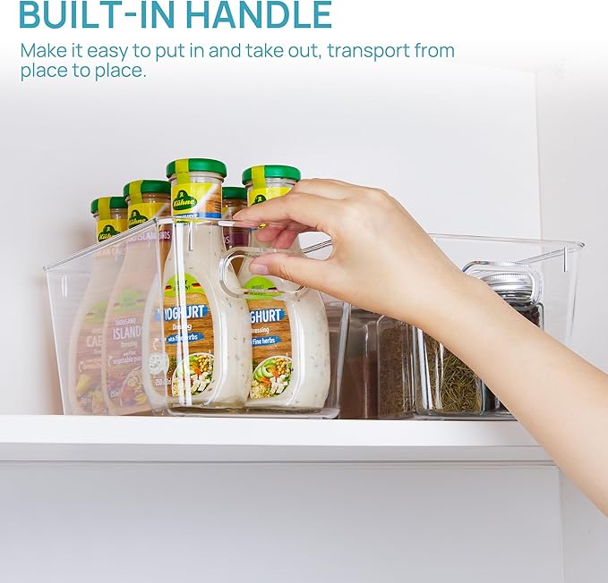 Vtopmart Clear Plastic Pantry Organizer Bins, 2 PCS Food Storage Bins with Handle for Refrigerator, Fridge, Cabinet, Kitchen, Countertops, Cupboard, Freezer Organization and Storage, BPA Free, Medium