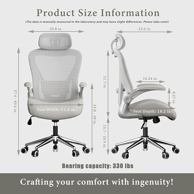 Grey Ergonomic Home Office Desk Chair, Premium Thickened Leather Curved seat with Breathable mesh Back, 3D headrest and Adjustable Lumbar Support, Ideal Chair for Office or Gaming, Gray