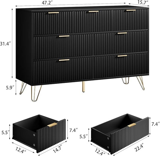 Dresser for Bedroom, Modern Fluted 47.2" Wide Chest of Drawers with Gold Pulls and 7 Drawers, 15.7" D x 47.2" W x 31.4" H, Black