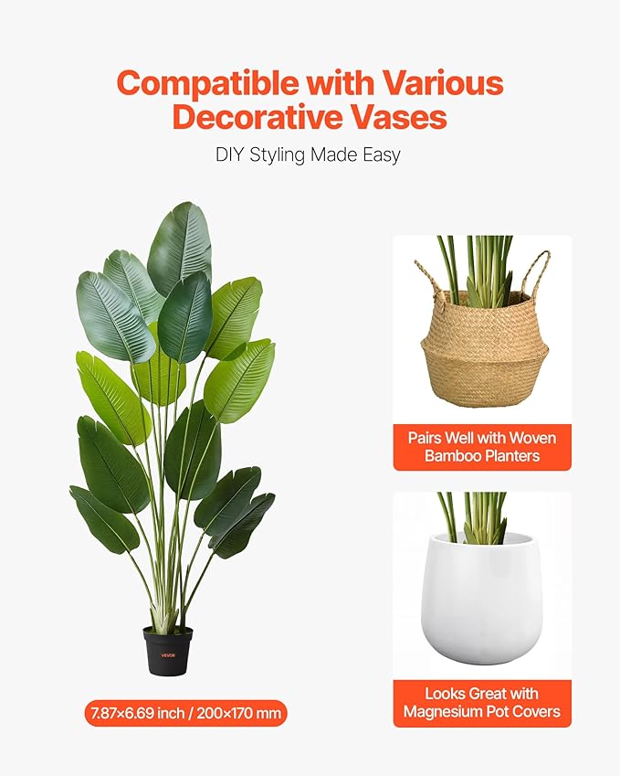 VEVOR Artificial Bird of Paradise 6 ft Tall, Fake Tropical Plants with with 13 Trunks & White Pot, Faux Floor Silk Tree, Large Trees for Home Office Living Room Decor House Warming, Indoor Outdoor
