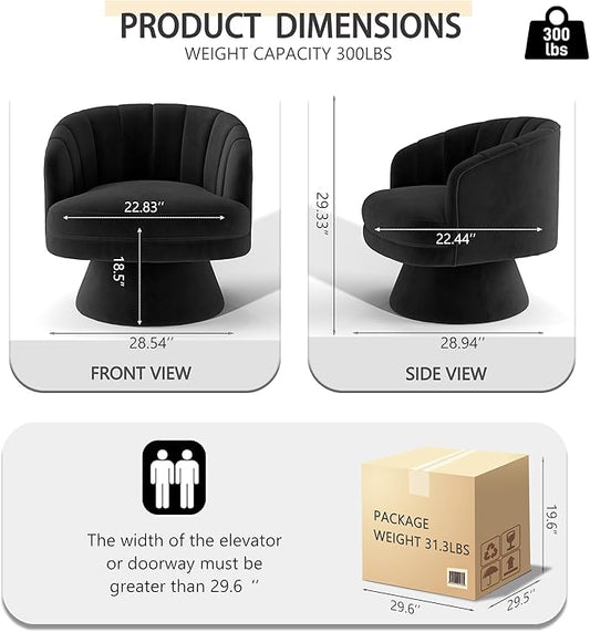 Swivel Accent Chair Set of 2,Upholstered Velvet 360° Swivel Barrel Chair for Living Room Overstuffed Bouncle Reading Chair Round Armchair for Bedroom,Vanity,Office (Black)