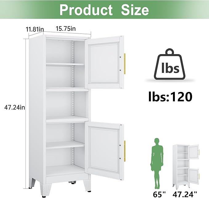 47.24" H Metal Narrow Bathroom Storage Cabinet Pantry Storage Cabinet, 2 Adjustable Shelves for Kitchen, Home Office, Living Room, Dinning Room (White)