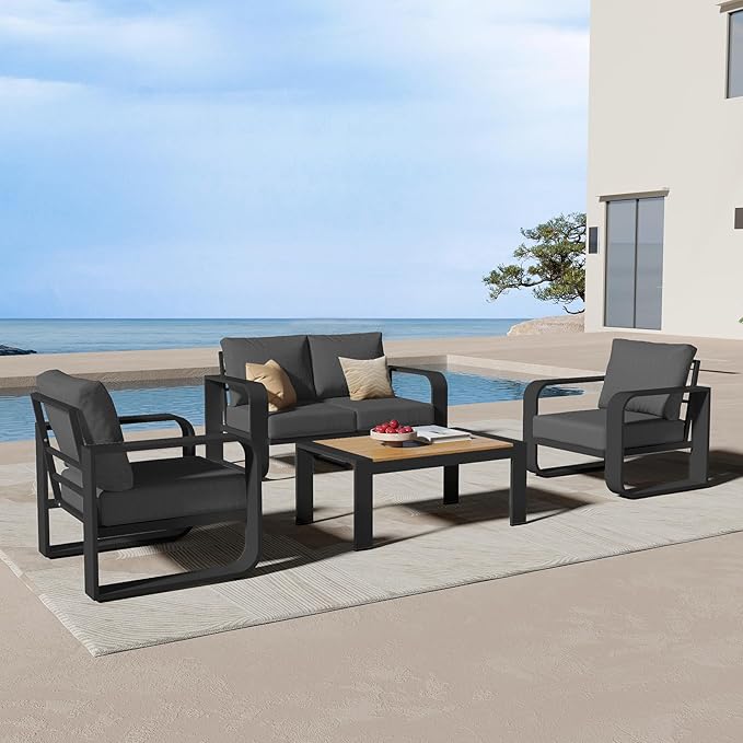 Aluminum Outdoor Patio Furniture Set 4 Piece, Oversized Patio Conversation Sets Widened Armrest & Ultra-Thick Cushions, Deep Seating Modern Sectional Furniture for Backyard, Deck, Graphite