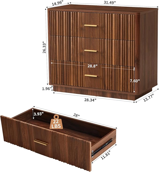 Fluted Dresser for Bedroom with 3 Drawers, 31.5" Wide Modern Chest of Drawers with Metal Handle, Large Storage Dresser, Wood Closet Clothes Storage Organizer for Nursery Living Room, Hallway, Walnut