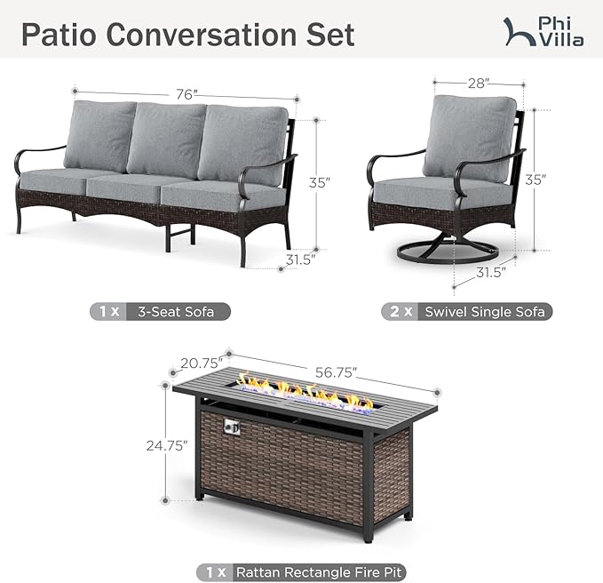 PHI VILLA Patio Furniture Set with 56" Fire Pit Table, Premium Outdoor Wicker Metal Frame Furniture with Upgraded Waterproof Thick Cushions for Porch, Poolside, Deck, and Yard (4 Pieces, Grey