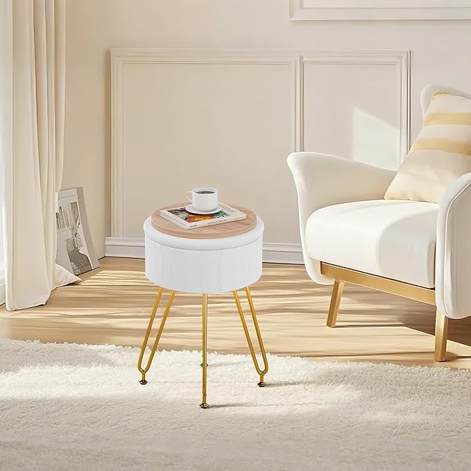 VECELO Vanity Stool with Storage, Velvet Chair for Vanity, Strong Metal Legs, Anti-Slip Feet, Padded Seat for Make Up, Bedroom, Living Room, Entryway, White