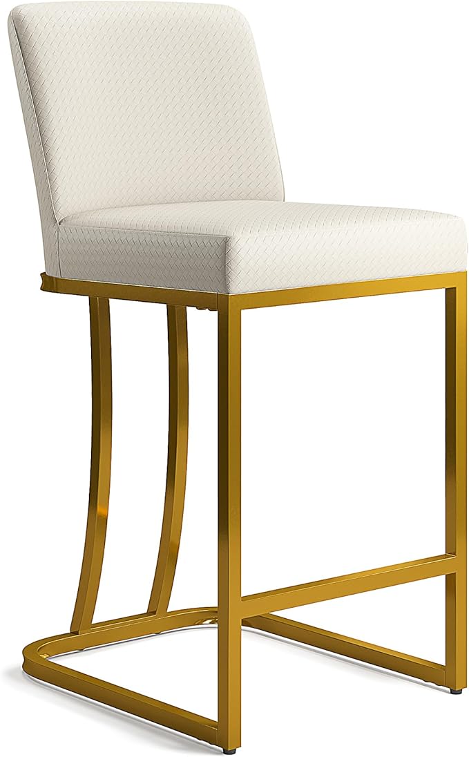 MAISON ARTS Off White & Gold Counter Height Bar Stools with Back Set of 3 for Kitchen Counter 24 Inch Modern Upholstered Faux Leather Barstools Farmhouse Bar Chairs Luxury Island Stools Support 330LBS