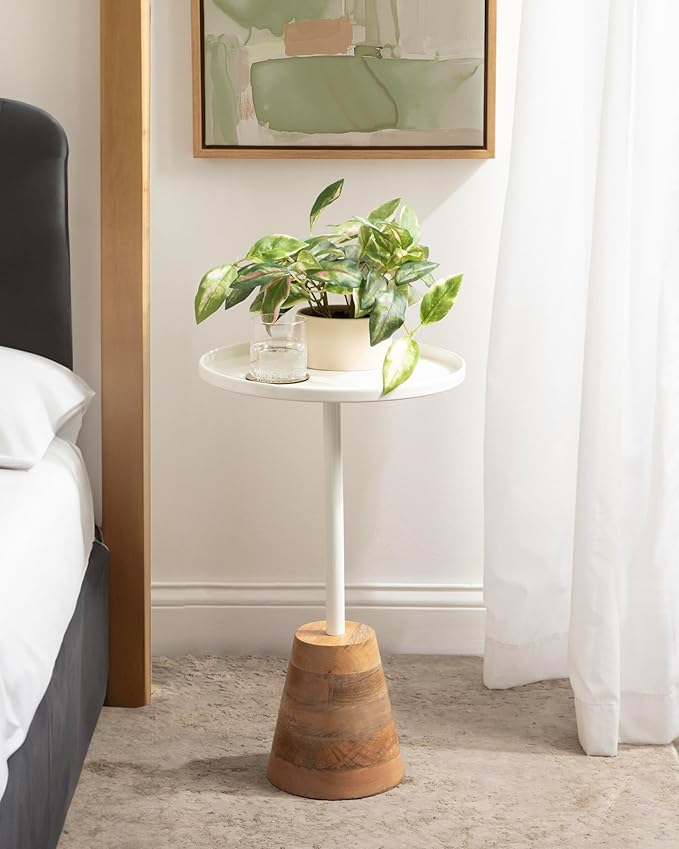 Kate and Laurel Tira Scandinavian Round Side Table, 14 x 24, White and Natural Wood, Modern Circle End Table for Use as Bedroom Nightstand or Living Room Pedestal Table