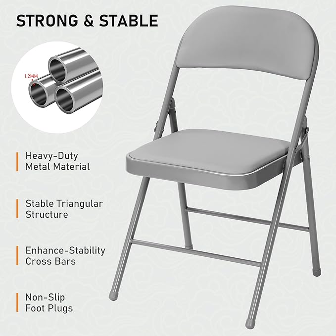 SEALAMB 30 Pack Grey Folding Chairs with Padded Seats & Cushion, Durable Metal Foldable Chairs for Wedding Party, Commercial Chairs for Office School Church Events, 330lb Capacity (Grey-PU, 30 Pack)