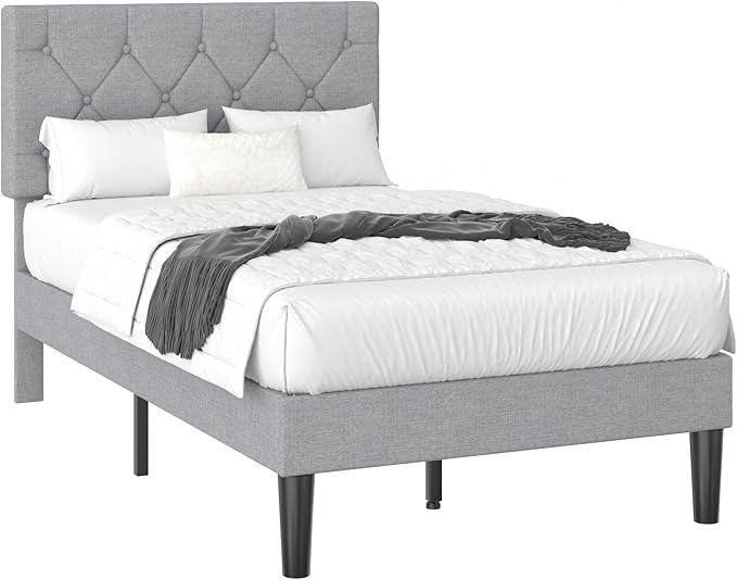 VECELO Twin Bed Frame with Button Tufted Headboard, Upholstered Platform with Wooden Slat Support, No Box Spring Needed, Linen Grey