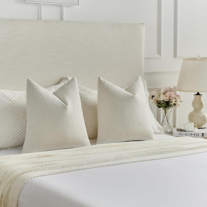 FUTEI Cream Chenille Decorative Throw Pillow Covers 26x26 Inch Set of 2,Soft Cozy Faux Linen Textured Euro Pillow Shams,Farmhouse Home Decor for Couch Living Room
