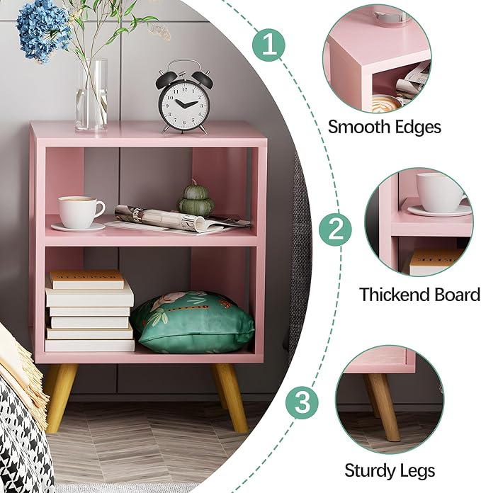 Night Stand, Pink Kids Nightstand, Modern End Table with Open Storage, 2-Tier Nursery Bedside Table for Small Space, Living Room, Bedroom