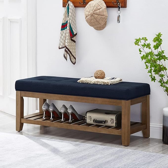 24KF Large Rectangular Upholstered Tufted Linen Fabric Ottoman Bench, Padded Bench with Solid Wood Shelf-Navy Blue