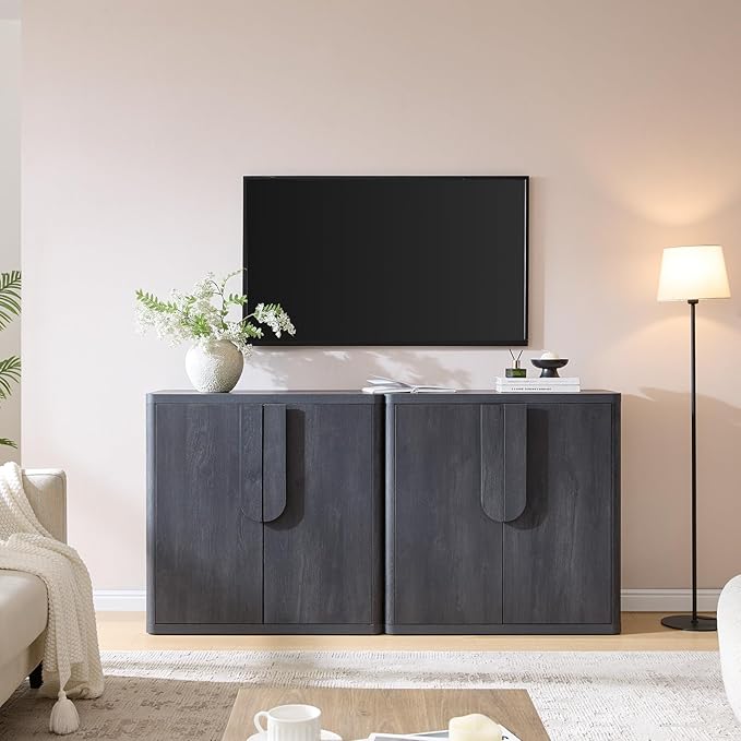 69'' Sideboard Buffet Cabinet W/Storage, Modern Accent Cabinets W/Curved Handles & Adjustable Shelves, 4 Doors Coffee Bar Buffet Table Credenza for Living Room Kitchen Hallway, Dark Grey