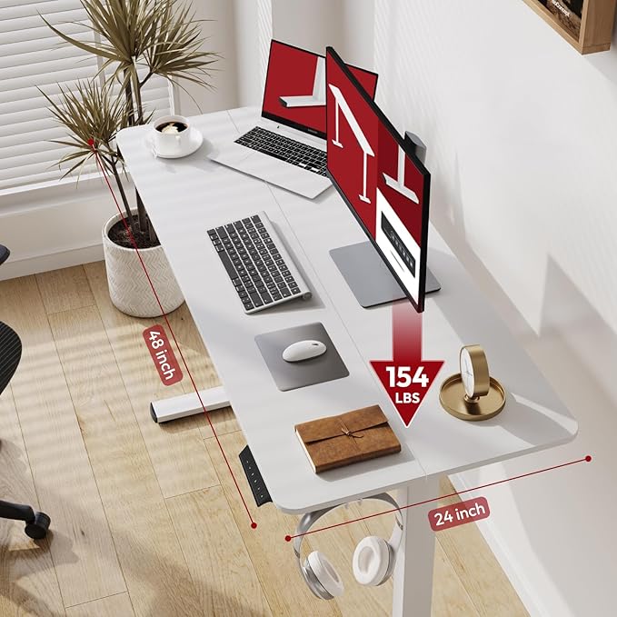SANODESK Electric Standing Desk 48x24 Inch Height Adjustable Stand Up Desk Home Office Computer Workstation Sit Stand Home Office Desk with Splice Board (White Frame + White Top)