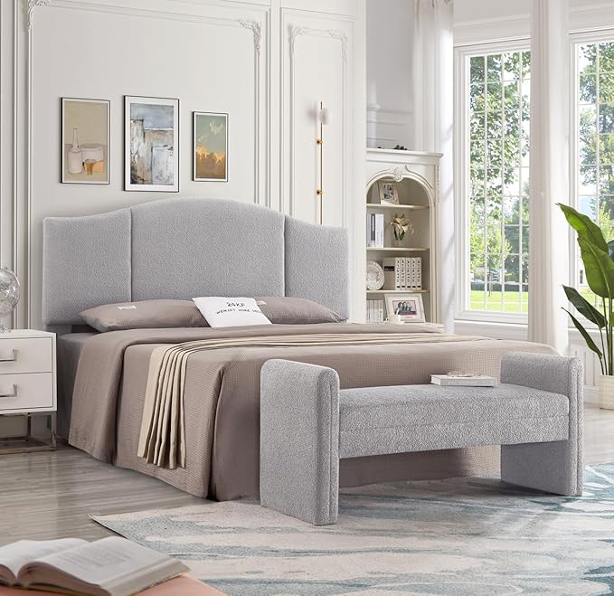 24KF Middle Century Upholstered Foldable King Headboard, Modern Boucle Teddy Fabric Headboard King/California King, 6033-K-Gray