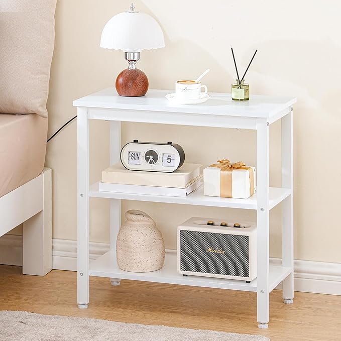 HOOBRO End Table, Simple Rustic Side Table with 3-Tier Storage Shelf, Narrow Nightstand for Small Spaces, Easy Assembly, for Living Room, Bedroom, Industrial Design, White WT14BZ01