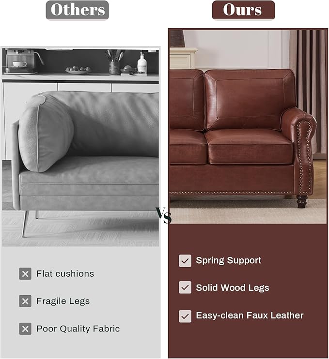 Kingfun Mid-Century Modern Couch, Faux Leather Sofa, 3 Seater Couch for Living Room with Rolled arms & Nailhead Trim, Dark Coffee